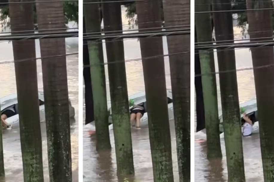 VÍDEO: mulher sai pela janela enquanto carro é arrastado por enxurrada em Araçatuba