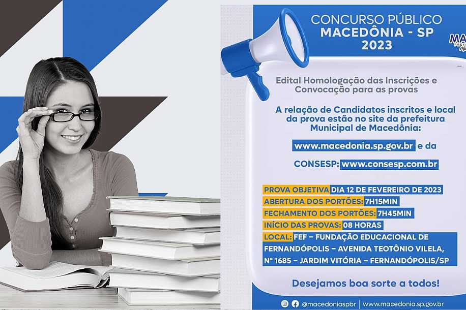 MACÊDONIA DIVULGA RELAÇÃO DE INSCRITOS E LOCAL DE PROVA PARA O CONCURSO PÚBLICO