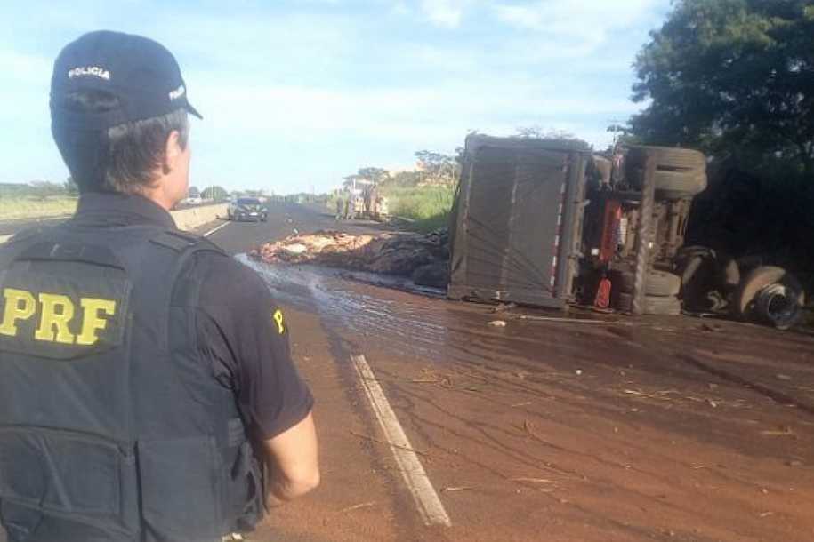 Caminhão carregado com couro bovino tomba em rodovia de Rio Preto