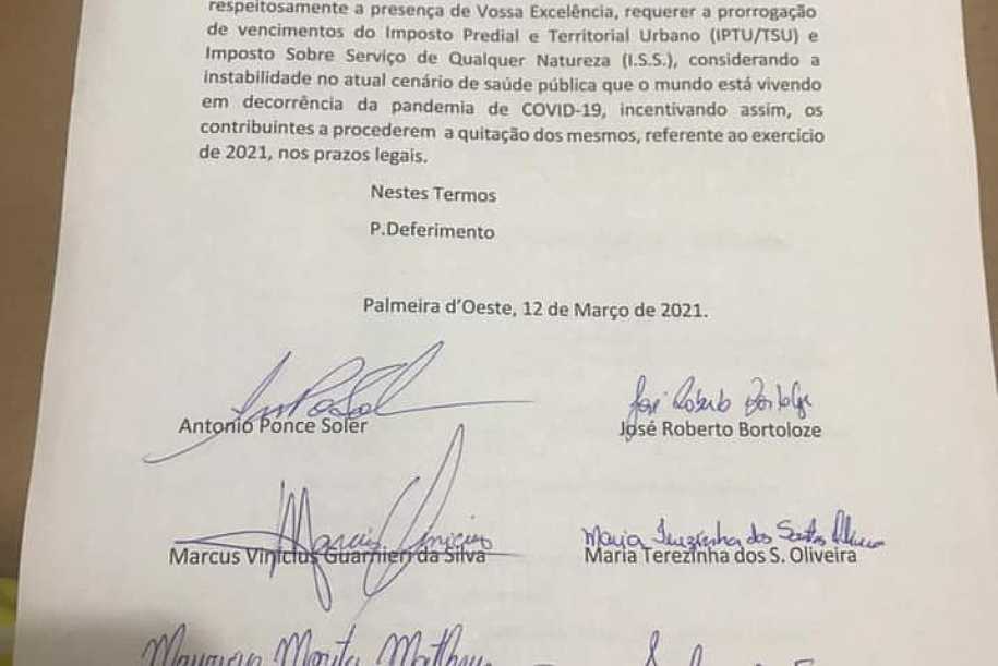 Vereadores de Palmeira d´Oeste protocolam pedido de prorrogação dos vencimentos do IPTU