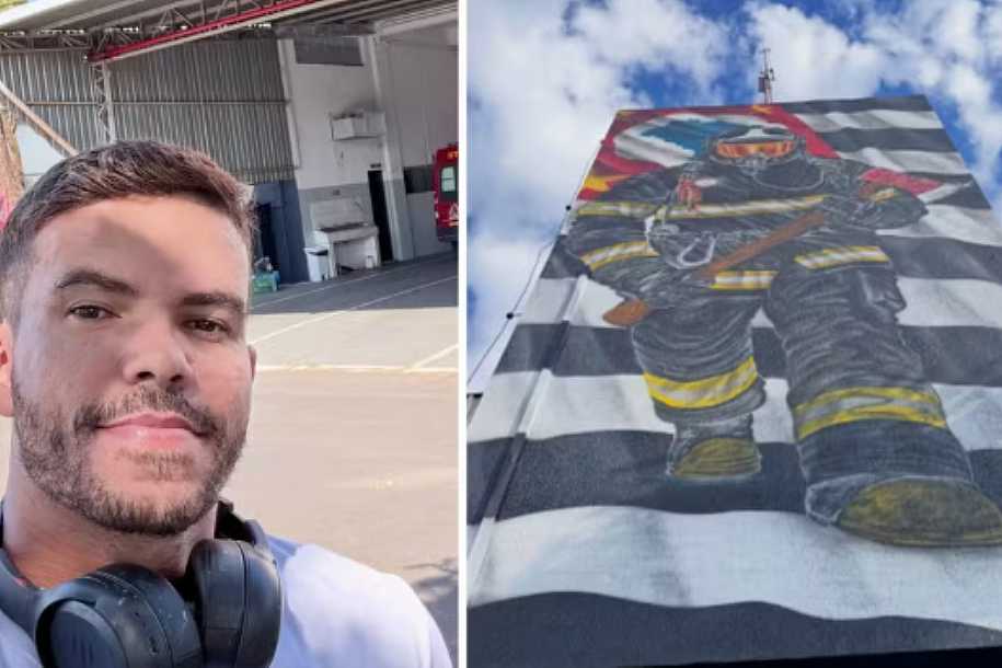 Do papel às paredes dos quartéis: muralista transforma bombeiro em pintura de 12 metros no interior de SP
