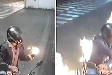 Motociclista taca fogo em loja de veículos e tem o corpo atingido pelas chamas