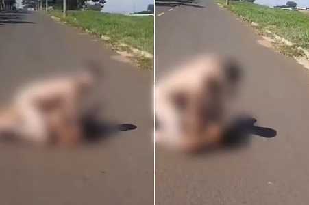 Homem é flagrado pelado rendendo mulher seminua no meio da rua em saída de motel em Mirassol; vídeo