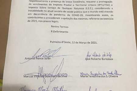 Vereadores de Palmeira d´Oeste protocolam pedido de prorrogação dos vencimentos do IPTU