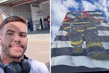 Do papel às paredes dos quartéis: muralista transforma bombeiro em pintura de 12 metros no interior de SP