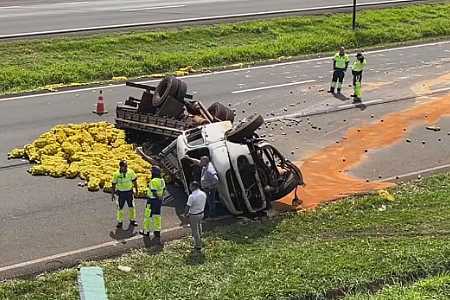 Caminhão de laranjas invade pista contrária, tomba e atinge carga de porcos em rodovia do noroeste de SP