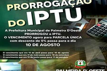 Prefeitura de Palmeira d´Oeste prorroga prazos para pagamento do IPTU