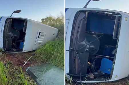 Adolescentes ficam feridos após ônibus tombar na rodovia em Fernandópolis